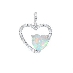 Silver 925 Heart Clear Cubic Zirconia and Opal Pendant